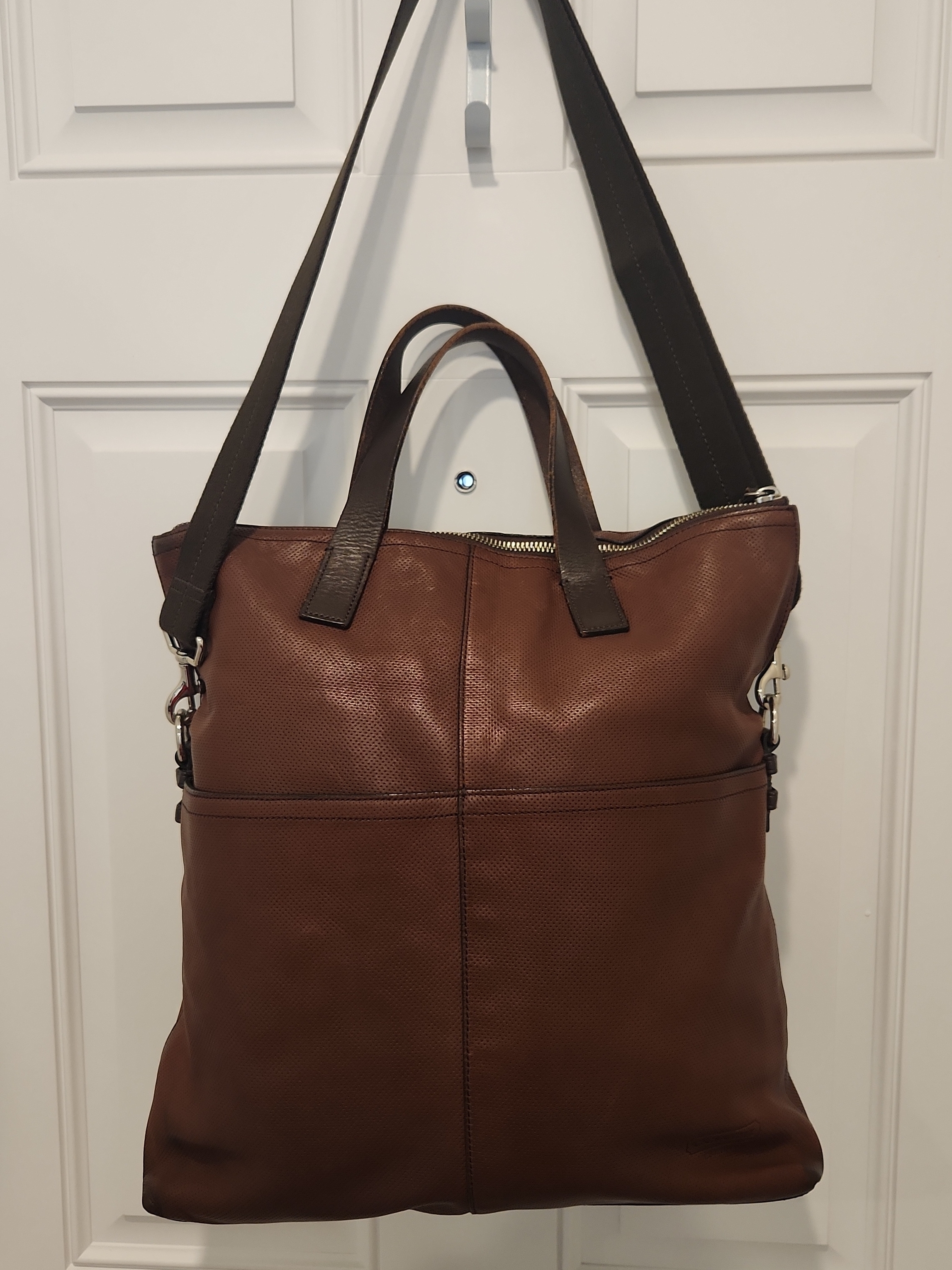 Coach Brown Leather Crossbody Tote With Dark Brown Straps